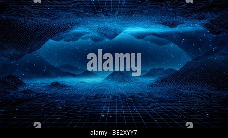 Futuristic Digital Landscape With Blue Grid Virtual Reality Horizon and Abstract Tech Mountains Stock Photo