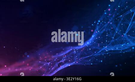 Abstract Digital Network Wave With Blue And Purple Particles, Futuristic Data Connection Background Stock Photo