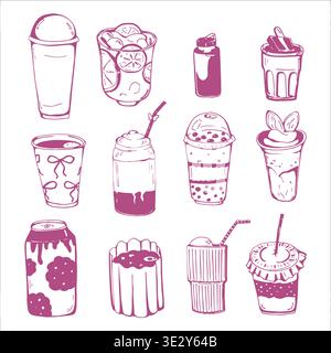 Whimsy hand drawn Cute Different Drinks set  Stock Vector