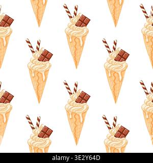 Vanilla ice cream cone with chocolate bar and wafer sticks in cartoon style seamless pattern. Summer dessert for sweet cafe, fruit background and Stock Vector