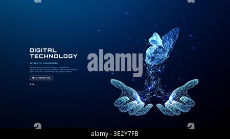 Digital butterfly emerges from open hands in low-poly wireframe style Stock Vector