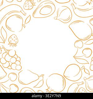 Fruit frame illustration with apple, banana, pear, avocado, grape and cherry in line art style. Decorative frame on white background for healthy Stock Vector