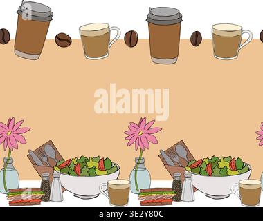 bakery cafe lunch Seamless horizontal border Frame template Cafe hand drawn illustration. Vector graphic colored line ink art. For poster, flyer, bann Stock Vector