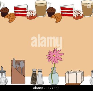 Breakfast items, sweet desserts Seamless horizontal border Frame template Cafe hand drawn illustration. Vector graphic colored line ink art. Perfect f Stock Vector