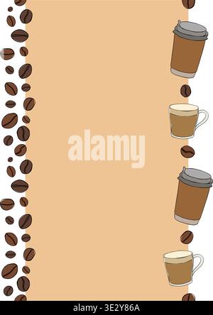 Coffee beans and mugs Seamless vertical border Frame template Cafe hand drawn illustration. Vector graphic colored line ink art. for cooking, condimen Stock Vector