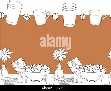 bakery cafe lunch Seamless horizontal border Frame template Cafe hand drawn illustration. Vector graphic Black and white line ink art. For poster, fly Stock Vector
