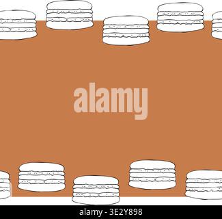 Macarons silhouette Seamless horizontal border Frame template Cafe hand drawn illustration. Vector graphic Black and white line ink art. for package, Stock Vector