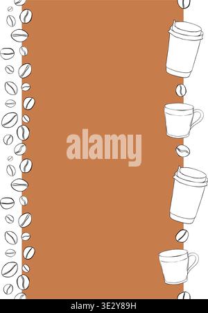 Coffee beans and mugs Seamless vertical border Frame template Cafe hand drawn illustration. Vector graphic Black and white line ink art. for cooking, Stock Vector