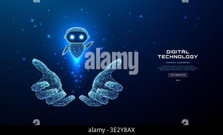 Digital low poly chatbot or robot flies under human tech hands Stock Vector