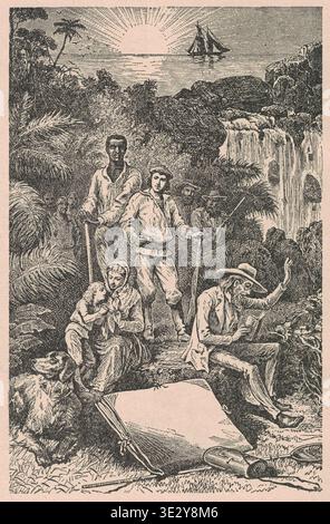 Vintage illustration of a diverse group of people and a dog in a tropical jungle setting. A group of diverse individuals, including a family and sailors, are gathered in a lush jungle near a waterfall with a ship sailing on the ocean at sunset. Stock Photo