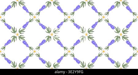 Elegant seamless vector pattern featuring lavender and daisy flowers arranged in a diamond grid on a white background. Great for textile and decor. Stock Vector