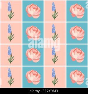 Seamless Peony and Lavender Checkered Floral Pattern Stock Vector
