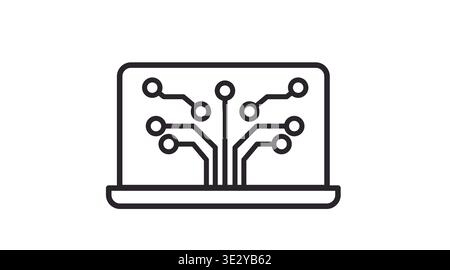 Black line icon of artificial intelligence concept featuring a laptop with circuit connections. Stock Vector