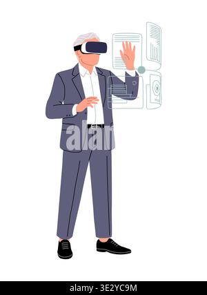 Senior Man in a suit wears virtual reality headset Stock Vector