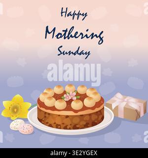 Simnel cake with daffodil and gift box for Mothering Sunday, vector illustration on lavender pastel gradient, square Stock Vector