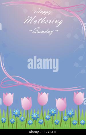 Pink tulips and blue cornflowers with pink ribbon frame for Mothering Sunday, vector illustration on blue gradient, vertical Stock Vector