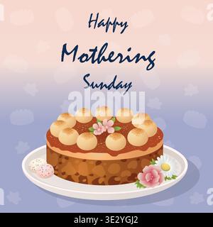 Simnel cake with pink rose and Easter eggs for Mothering Sunday, romantic vector illustration on lavender blush gradient, square Stock Vector
