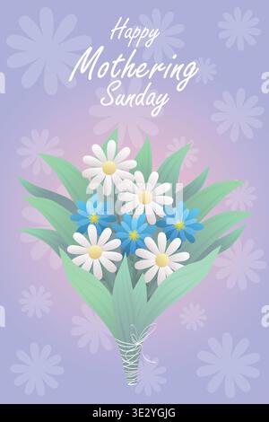 White daisy and blue cornflower bouquet for Mothering Sunday, botanical vector illustration on lavender gradient, vertical Stock Vector
