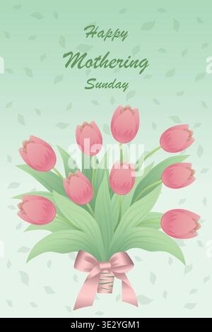Pink tulip bouquet with pink ribbon bow for Mothering Sunday, botanical vector illustration on mint green gradient, vertical Stock Vector