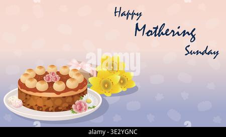 Simnel cake with daffodil and spring flowers for Mothering Sunday, romantic vector illustration on lavender gradient, horizontal Stock Vector