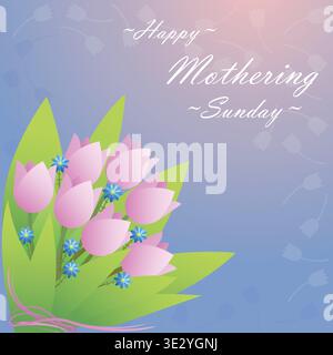 Pink tulip and blue cornflower bouquet for Mothering Sunday, botanical vector illustration on blue lavender gradient, vertical Stock Vector
