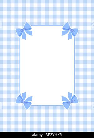 Blue gingham frame with corner bows. Elegant checkered border template for invitations, cards, and digital stationery. Stock Vector
