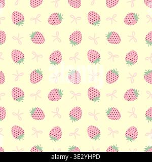 Seamless pattern with cute pink strawberries and pink bows. Stock Vector