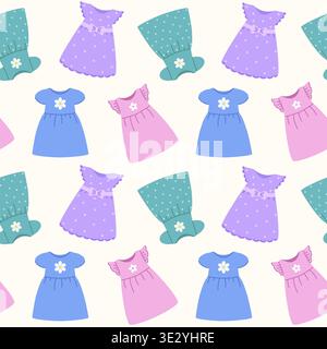 Seamless pattern with colorful baby dresses and flowers. Repeating background for textile and digital design. Stock Vector