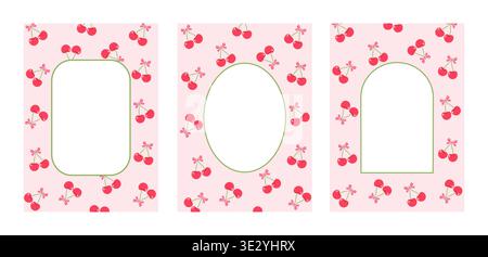 Set of three cherry frame templates on a pink background. Cute vertical borders for invitations and digital design. Stock Vector