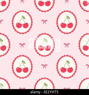 Seamless pattern with cherries in scalloped frames and ribbons on pink background. Stock Vector