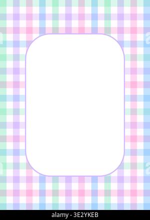 Pastel rainbow gingham frame with white center, purple border, pink blue mint lavender checks,card template Stock Vector