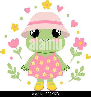 Frog girl in a pink dress and hat with flowers. Kawaii animal character illustration on white background. Stock Vector