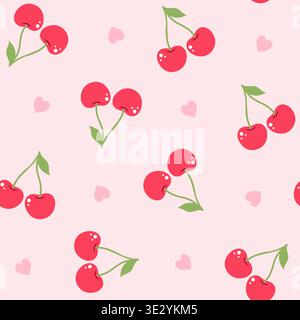 Seamless pattern with red cherries and pink hearts on light pink background, romantic repeat print Stock Vector