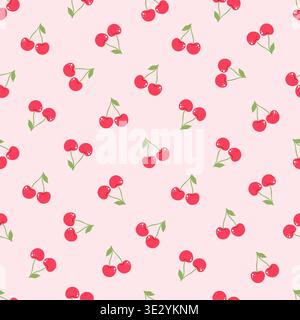 Seamless pattern with red cherries on a pink background. Summer fruit design for wallpaper, fabric, digital design,textiles. Stock Vector