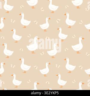 Seamless pattern with white geese and butterflies on a light background. Stock Vector