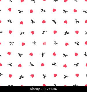 Seamless pattern with red hearts and black bows on white background, Valentine romantic repeat print Stock Vector