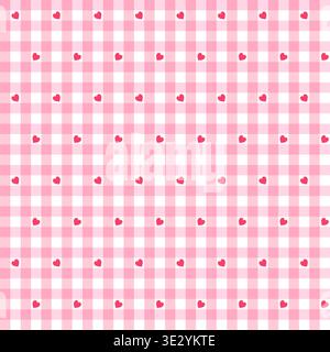 Seamless pink gingham pattern with small red hearts. Plaid checkered background for Valentine's Day and nursery. Stock Vector