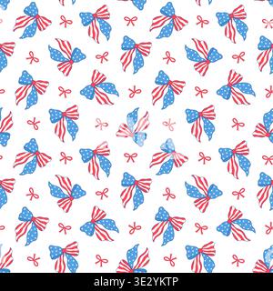 Patriotic seamless pattern with USA flag bows and red ribbons on white. 4th of July festive surface design for decor. Stock Vector