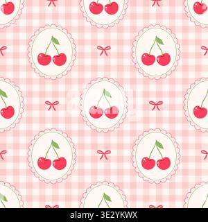 Seamless pattern with cherries in scalloped frames and ribbons on pink gingham. Cute aesthetic for nursery and textiles. Stock Vector