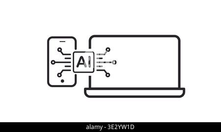 Black line icon of artificial intelligence concept featuring a laptop and smartphone with AI symbol. Stock Vector