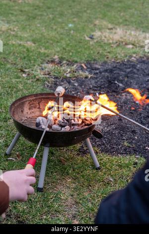 Vertical image of people roasting marshmallows over campfire in portable fire pit, cozy outdoor camping and family leisure concept Stock Photo