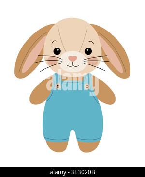Cute plush rabbit toy wears blue overalls Stock Vector