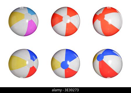 Six colorful beach balls shown from different angles, ideal for summer and beach games. 3d rendering Stock Photo