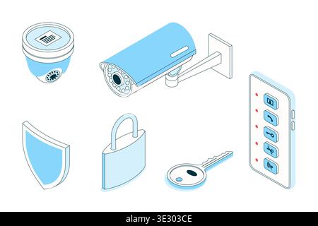 Vector 3d isometric security icons set. CCTV camera, key, smartphone app, shield and lock. Smart home, remote house surveillance, cybersecurity and da Stock Vector