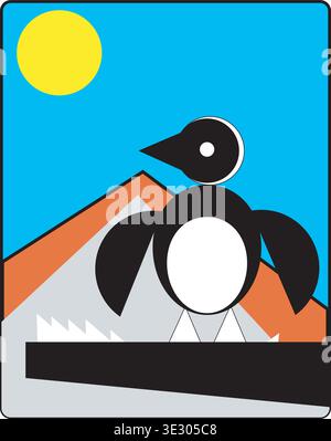 Penguin standing on icy mountain under bright sun in simple flat design scene Stock Vector