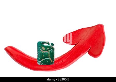 Fuel price increase. jerrycan on rising red arrow isolated on white.Symbolizes increase in gasoline and diesel costs, inflation, and global energy Stock Photo