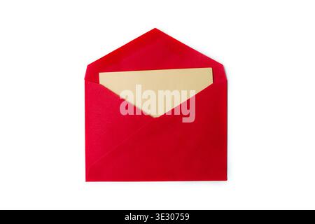 Blank beige card in a bright red envelope isolated on white background, top view.; Red paper envelope with empty greeting card or invitation mockup, m Stock Photo