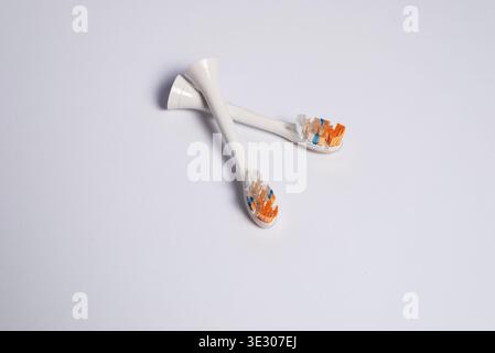 Electric toothbrush replacement heads isolated on white background, dental care and oral hygiene concept with copy space Stock Photo