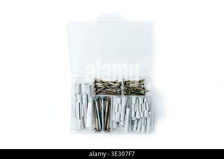 An open transparent plastic organizer box filled with various metal screws and grey plastic wall plugs, neatly sorted into compartments Stock Photo