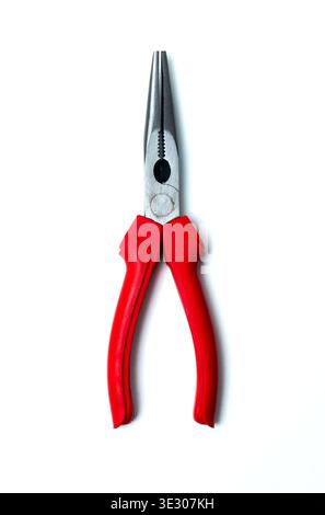 A close‑up of long‑nose pliers with red ergonomic handles, isolated on a white background, showcasing a precise gripping tool commonly used for detail Stock Photo